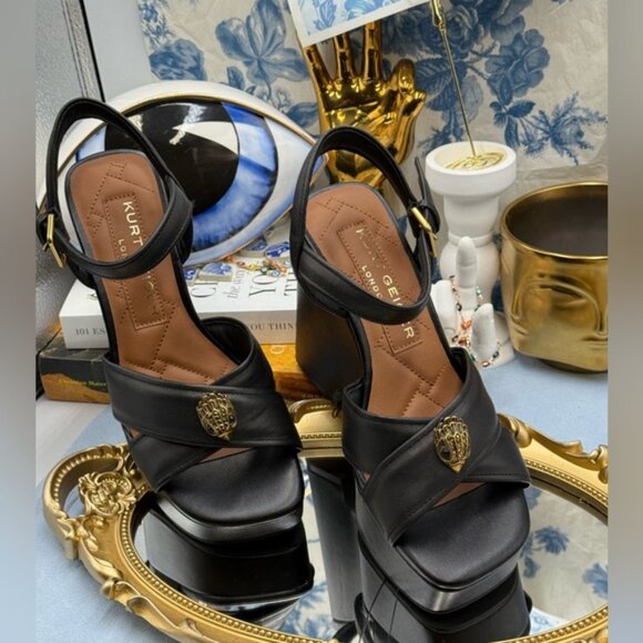 🆕 KURT GEIGER LONDON 🧿 NWOB Kensington Leather Wedge Sandal, Black - Sz 37 US7 - Picture 4 of 15